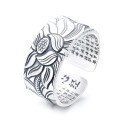 wholesale S925 Sterling Silver Retro Matte Wide Band Relief Lotus Heart Sutra Open Ring, Ethnic and Literary Style-0-4