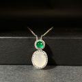 wholesale S925 Sterling Silver Necklace for Women, New Chinese Style Chalcedony Cabochon Pendant, Dual-Tone Natural Agate Green Chalcedony High-Ice Necklace-0-0