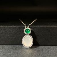 wholesale S925 Sterling Silver Necklace for Women, New Chinese Style Chalcedony Cabochon Pendant, Dual-Tone Natural Agate Green Chalcedony High-Ice Necklace-Chrysoprase-XL188>Copper (copper with cross chain)