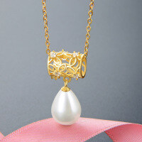 wholesale 925 Sterling Silver Women's Pearl Floral Necklace Korean Dongdaemun Retro Elegant Zircon Pendant-003573-Gold S925 Silver