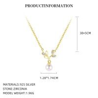 wholesale S925 Sterling Silver Small Leaf Earrings With Zirconia And Pearl Necklace Set, Featuring A Minimalist Branch Design-A4524_White zirconium/Australian white glass beads_18K yellow plated 925 silver