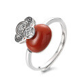 wholesale S925 Sterling Silver Vintage Auspicious Cloud Coin Inlaid with Southern Red Agate Ring, Literary Chinese Style Index Finger Ring-0-5