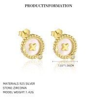 wholesale S925 Sterling Silver Round Vintage Button Earrings With Inlaid White Shell, Luxury Advanced Style, Cross-border Wholesale-YE0205_White zirconium/white shell_18K yellow plated_pair_with small flower ear caps 925 silver