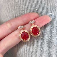 wholesale S925 Sterling Silver French Retro Red Agate Stud Earrings for Women, Light Luxury Elegant Personality Minimalist Style Earrings-xb265-golden red
