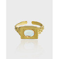 wholesale S925 Sterling Silver JA680 Trendy Niche Design Textured Geometric Square Inlaid Moonstone Open Ring-0-0