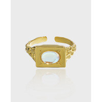 wholesale S925 Sterling Silver JA680 Trendy Niche Design Textured Geometric Square Inlaid Moonstone Open Ring-White Gold [No. 12/Adjustable] Opening adjustable