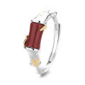 wholesale S925 Sterling Silver Retro Vintage Bamboo Leaf and Southern Red Agate Pastoral Style Light Luxury Versatile Design Open Ring-0-4