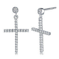 wholesale 925 Sterling Silver Cross Stud Earrings with Full Zirconia Inlay, Hip-Hop Style, Factory Direct-Platinum>925 Silver