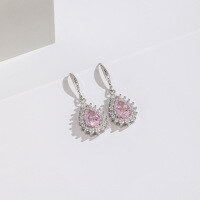 wholesale S925 Sterling Silver Cross-Border New Sweet and Simple Stud Earrings, Shimmering Ice Flower Cut High-Carbon Diamond Oval Earrings, Fashion Earrings-Pink Diamond Earrings 925 Silver