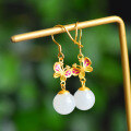 wholesale 925 Sterling Silver Enamel Butterfly with Beads and Hetian Jade Earrings, New Chinese Retro Style, with Certificate-0-3