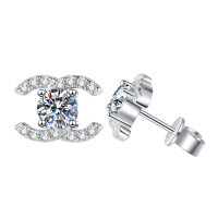 Gold-Plated S925 Silver Classic Four-Prong Moissanite Stud Earrings, Cross-Border Hot Seller.-Double C earrings (white gold)  50-point moissanite
