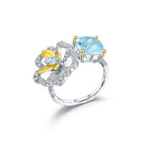 wholesale S925 Silver Designer Natural Citrine Ring with Naturalistic Butterfly Flower Opening Adjustable Ring-Swiss Blue Topaz Ring Adjustable Opening