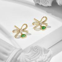 wholesale S925 Gold-Plated Silver Korean Japanese Style Bow Stud Earrings with Green Chrysoprase for Summer, Fresh and Versatile Fashion-Green Chalcedony Bow Girly Heart Earrings 925 Silver