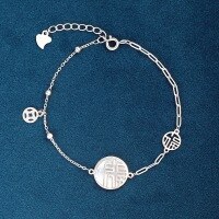 wholesale S925 Sterling Silver Mother-of-Pearl Fortune Token Coin Beaded Bracelet for Women, Ins Niche Design, National Trend Luxury with High-End Aesthetic-Platinum>925 silver