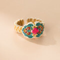wholesale 999 Silver Live Stream Hit Ruyi Ring Palace Style Gold-Traced Enamel Treasure Hua Palace Ring R02828-0-4