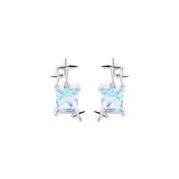 wholesale Metal Material: 925 Silver Star Sugar Cube Earrings with Sea Blue Gemstone and Inlaid Diamonds, Ins Style Light Luxury Small Square Diamond Earrings, Drop Shipping Available-Platinum