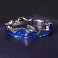wholesale 925 Silver Designer Couple's Open Ring with Wave Element, Natural Style Design, Inlaid Gemstone and Enamel-0-1