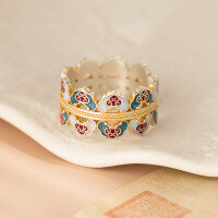 wholesale 999 Silver New Chinese Style Palace-inspired Gold-traced Enamel Phoenix Crown Ruyi Ring R02830-999 Pure Silver Ring Adjustable opening