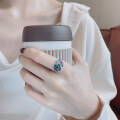 wholesale S925 Sterling Silver Vintage Bohemian Blue Enamel Rose and Leaf Design Open Adjustable Ring Elegant Style-0-1