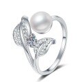 Sterling Silver Moissanite Freshwater Pearl Leaf Open Ring for Women-0-3