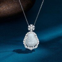 wholesale Metal material: Buddha ice white necklace for women, vintage and luxurious full-drilled white chalcedony, uniquely designed with a high-end feel, laughing Buddha pendant, sweater chain-xb1390-white gold