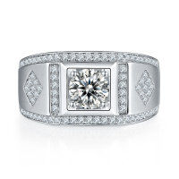 wholesale 925 Sterling Silver Euro-American D Color Moissanite 1 Carat Men's Ring Wide Band Men's Ring High-End Cross-Border Best-Seller-Platinum US size 9#