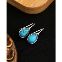 wholesale 925 Sterling Silver Teardrop Turquoise Earrings Ear Hooks European and American Retro Luxury High-End Sense Autumn and Winter TEMU Cross-Border Ear Accessories-Synthetic Turquoise Earrings 925 Silver