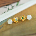 wholesale Gold-plated 925 Sterling Silver Flower with Inlaid Jade Ear Studs, Retro-style Elegant Hetian Jade Earrings-0-5