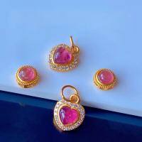wholesale S925 Sterling Silver Gold-Plated with Inlaid Natural Red Tourmaline Heart Pendant DIY Bracelet Necklace Spacer Bead Accessories-One round spacer bead