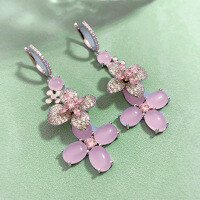 wholesale Sterling silver throughout, Zhuozhifan Jewelry flower-shaped rose quartz earrings set with 7*9 pink diamonds, European and American women's ear studs sweet style-E194 Rose Quartz &gt; 925 Silver