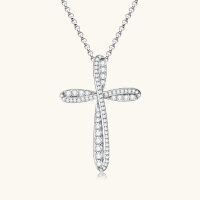 wholesale S925 Sterling Silver Cross Border New Snake Bone Cross Moissanite Necklace Luxury High-End Pendant Collarbone Chain-White 925 Silver - 0.8 carats