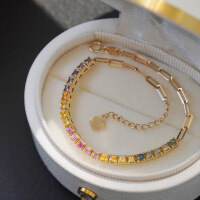 wholesale S925 Sterling Silver Red Moose Whole Body Light Luxury Sugar Cube Colored Diamond Square Bracelet for Women, Elegant Geometric Jewelry-BS0087-Gold 925 Silver