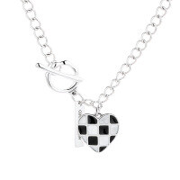 wholesale S925 Sterling Silver OT Buckle Love Heart Black and White Checkerboard Necklace, Ins Trendy Niche Stylish Pendant for Women-342FL/approx. 12.8g>925 silver