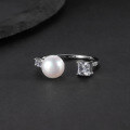 wholesale S925 Sterling Silver Natural Freshwater Pearl Ring for Women, Adjustable Opening, Fashionable and Lightly Luxurious Natural Green Agate Ring-0-4