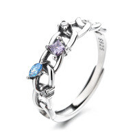 wholesale S925 Sterling Silver Interlocking Chain Link with Blue and Purple Zircon Ring, Minimalist Korean Style Index Finger Ring-638J/approx. 2.65g Adjustable opening