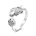 wholesale S925 Sterling Silver Auspicious Fu Character Koi Fish Open Ring Vintage Ethnic National Trendy Index Finger Ring-0-4