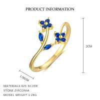 wholesale S925 Sterling Silver Adjustable Floral Ring With Colorful Zirconia, Elegant Nature-inspired Design-K2155-Gold/Adjustable