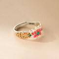 wholesale 999 Silver Sweet and Auspicious Chinese Style Ring with Gold-Plated Enamel Pink Baoxiang Flower Design R02811-0-3