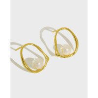 wholesale S925 sterling silver EA256 Korean-style earrings with hollow irregular geometric circle pearl earrings for women-18K gold [with sterling silver ear plugs]  925 silver