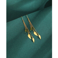 wholesale S925 Sterling Silver Tassel Earrings for Women, Vintage Ancient Gold Craft Round Bead Green Jade Leaf Ear Drops, Sand Gold Ear Accessories-Emerald Tassel Earrings - with Plastic Earplugs  925 Silver