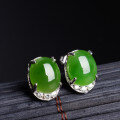 wholesale 925 sterling silver inlaid with cabochon Hetian jadeite earrings, certified ethnic retro Chinese-style jade earrings-0-1