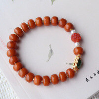 wholesale Metal material first, wholesale of natural aged amber approximately 9mm abacus bead bracelet with rich waxiness, paired with full-meat southern red peony flower chain-Natural old beeswax about 9mm abacus bead bracelet