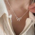 wholesale S925 Sterling Silver Korean Style Bow Necklace for Women, Small and Exquisite, Minimalist and Fresh, Sweet Collarbone Chain-0-0