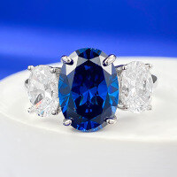 wholesale 18K White Gold Jewelry New 8*11 Royal Blue Four-Prong Setting with Three Diamonds Engagement Wedding Ring Exquisite Jewelry-R612 Blue Diamond Ring  Size 6