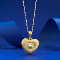 wholesale S925 Gold-Plated Heavy-Duty Vintage Brush-Finish Double-Sided Diamond-Inlaid Heart-Shaped National Style Fashion Pendant Necklace-N444 Brushed Heart Double-Sided Pendant [With Chain]  925 Silver