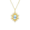 wholesale 925 Silver Gold-Plated Vintage Court-Style Openwork Lace Edge Pendant Sky Blue Topaz Fashion Necklace Sweater Chain-0-1