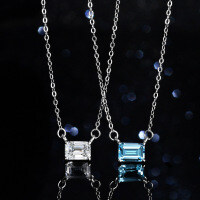 Sterling Silver Natural Blue Topaz Moissanite Necklace Pendant, One Carat Geometric Rectangular Zuma Green Cut-Inlaid with natural blue topaz