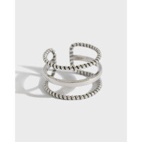 wholesale S925 Sterling Silver AR1201 Korean Style Fashionable and Retro Three-Layer Twist Edge Open Adjustable Ring-Vintage silver Adjustable opening