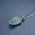 S925 Silver, Gold-Plated, and Diamond Natural Aqua Jadeite Leaf Pendant Necklace-0-1