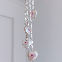 wholesale S925 Sterling Silver Natural Baroque Pearl Pink Diamond Heart Pendant Necklace, High-End Women's Daily Gentle Collarbone Chain-Baroque Heart Pearl Necklace 925 Silver